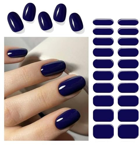 NATOSU 20 Stück halbgehärtete Gel Nagelstreifen, echte Nagellack-Kunstaufkleber, farbener Glitzer-Klebstoff, vollständig umwickelter Gel-Nagel, UV/LED Licht erforderlich, Navy blau
