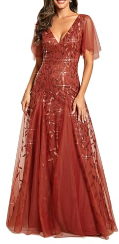 Ever-Pretty Robes de Soir e Femmes Longues Manches Volants Tulle Paillettes de Feuilles Col V Chic Bordeaux 36
