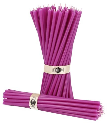 Danilovo Reine Bienenwachskerzen – tropffrei, rauchfrei, hohe, dünne Spitzkerzen – dekorative Kerzen für Kirchgebet, Deko oder Geburtstagskerzen – Honigduft Kerzen – 18,5 x 0,61 cm (Lila, 50 Stück)