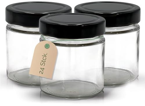 Apoidea – Marmeladengläser 250g mit Deckel in Schwarz 24 Stück/Twist Off Gläser/Einmachgläser/Marmeladengläser mit Deckel/leeres Marmeladenglas/Einkochgläser