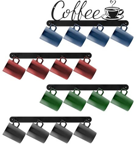 SITAKEGS Coffee Mug Wall Rack, 4Pack Coffee Cup Metal Holder Wall Mounted with 4 Hooks Tea Cups Storage Hanging Organizer, Multi-Purpose Wall Hooks for Cup Keys Coats Bag on Kitchen Coffee Bar