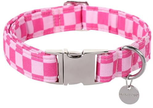 UP URARA PUP Dog Collar for Summer,Cute Pink Plaid Dog Collar,Cotton Puppy Collar with Adjustable Metal Buckle for Small,Medium,Large Girl Boy Dog