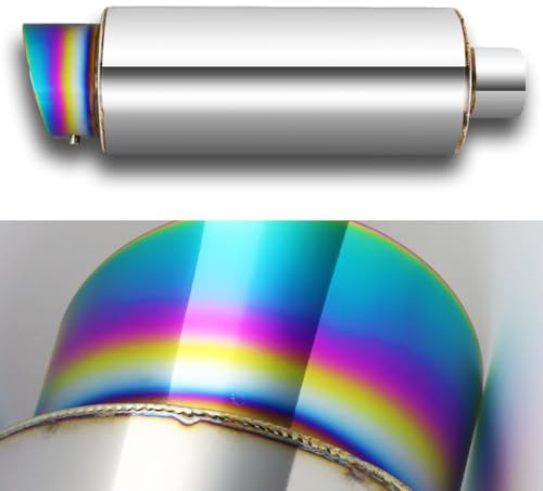 Universal 4 Outlet JDM Fire Ball Slant Tip Style Muffler Hi Flow Stainless Steel Weld-On 2.5 Inlet, Muffler, Removable Silencer Pre-attached, Deep and Smooth Tone (Rainbow Burnt)