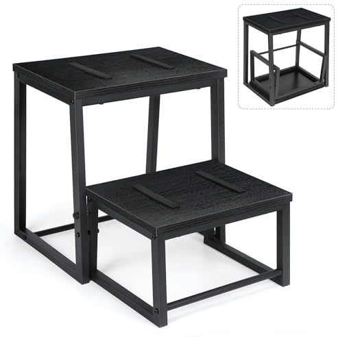 LIANTRAL 2-stegpinnar i trä för vuxna och barn, metallram, 2-i-1 infällbar design, halkfria sängsteg, steg för kök, badrum, balkong, svart