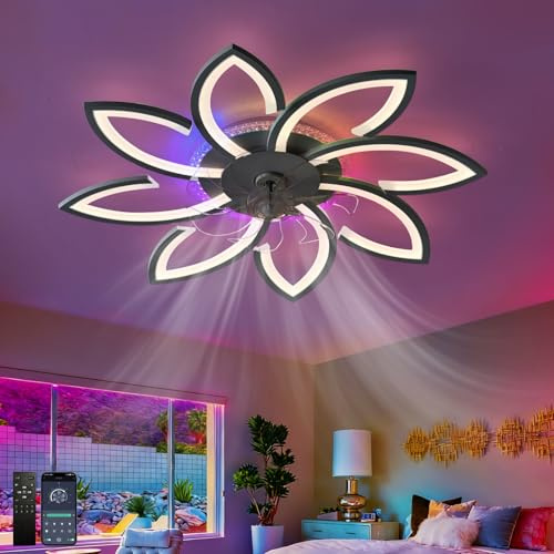 Fachae RGB Deckenventilator Mit Beleuchtung Mit Fernbedienung APP,Kind Schlafzimmer Lampe Mit Ventilator Reversibel 6-Gang Dimmbar Deckenlampe Mit Ventilator Speicherfunktion Leise Timing
