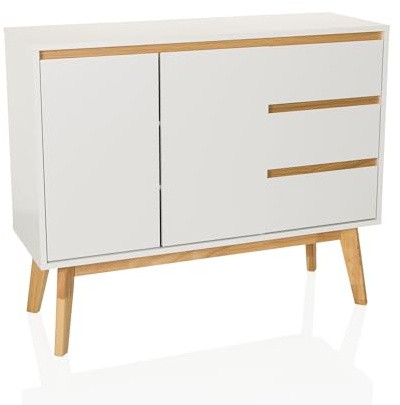 hjh LIVING Kommode mit 3 Schubladen, 2 Türen TAROLO I Sideboard im skandinavischen Stil, Soft-Close, griffloses Design, Schrank mit Holzbeinen, Weiß