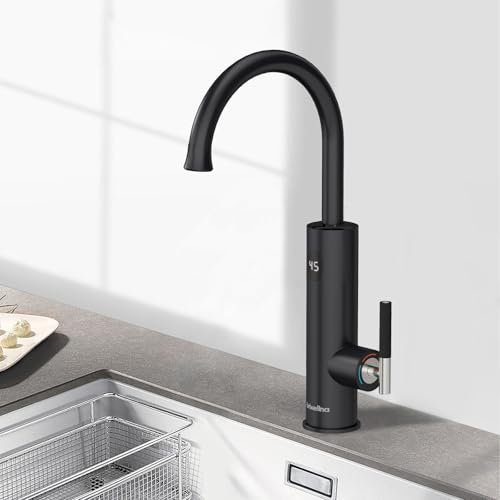 Briwellna Wasserhahn für Durchlauferhitzer, 220V Heißwasserhahn, Elektrischer Küchenwasserhahn aus Edelstahl, 360 Grad Drehbarer Heiß Wasserhahn (schwarz)
