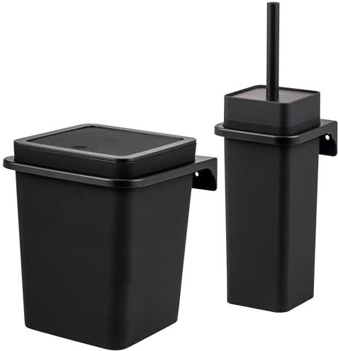 bremermann eckiges 2tlg. Bad-Set Savona mit gummierter Softtouch-Oberfläche inkl. Wandhalterung zum Kleben oder Bohren, moderner Kosmetikeimer 6 Liter und WC-Garnitur aus Kunststoff (Schwarz)