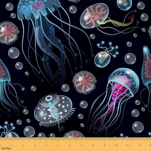 Marineleben-Polsterstoff für Stühle, Ozean-Thema, dekorativer Stoff für Heimprojekte, 920 x 150 cm (L x B), rot/blaues Quallen-Muster, Outdoor-Stoff, Meterware