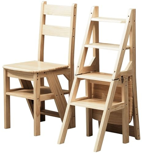Kchsdool Escabeau pliable à 4 niveaux en bois convertible, échelle et siège de bibliothèque 2 en 1, pliable, multifonction pour la maison, la cuisine, le bureau, le salon (bois, 39 x 46 x 90 cm)