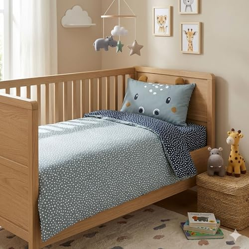 Familando – Baby Bettwäsche-Set mit Ohren (2-teilig) – Decken- & Kissenbezug 100x135 cm & 40x60 cm – 100% Baumwolle – mit Nilpferd & Tieren – Atmungsaktiv, temperaturregelnd, Öko-TEX Zertifizirt