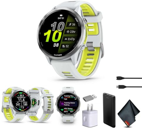 Garmin Forerunner 970 Montre intelligente de course à pied, montre intelligente GPS pour homme et femme, titane avec boîtier en pierre blanche et bracelet jaune ampli translucide/P-Bank + plus encore