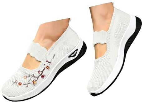 Generisch Zapatillas ortopédicas para mujer, zapatos para diabéticos, ligeros, cómodos, para la salud, verano, transpirables, zapatos de tela ancha, con bordado de flores, 12 blanco, 43 EU