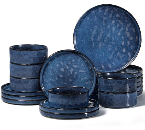 Herogo 18 Pcs Stoneware Dinnerware Dinner Set for 6 People, Nebulas Blue | Reactive Glaze Plates and Bowls for Home Dining, Microwave and Dishwasher Safe, Chip and Scratch Resistant, Ripple Surface