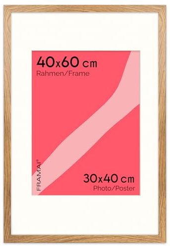 FRAMAI® Bilderrahmen 40x60 cm in Eichenfarbe – mit Passepartout – MDF Holzrahmen, bruchsicheres Plexi, umweltfreundlich, mit Aufhängung & Ständer – Hochformat & Querformat