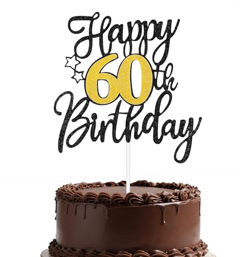 Happy 60th Birthday Cake Topper, Black Gold Glitter Cheers to Fabulous Years, Elegant Cake Decoration for Birthday Party Celebrations