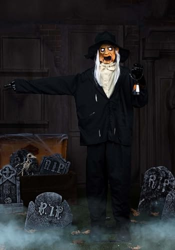 Fun Costumes 7FT Ghastly Gravedigger Animatronic | Halloween Decoration with Light Up Lantern, Talking Head, Moving Arm and Glowing Eyes