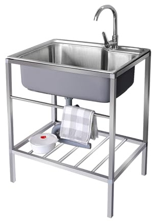 Fregadero de Acero Inoxidable Independiente, Fregadero de Cocina Comercial Portatil Camping, Con grifo de agua caliente y fría, para Garaje, Jardín, Cocina, Lavadero(58 * 43 * 75cm)