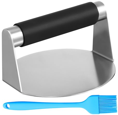 LALADEFIEE Presse à Hamburger Acier Inoxydable avec Poignée Silicone Antidérapante et Pinceau Basting Multifonction pour Barbecue et Cuisine Couleur Aléatoire Couleur Aléatoire