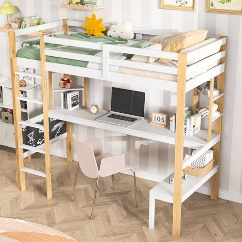 JYNVO Hochbett 90x200 cm mit Schreibtisch und Bücherregal, Weiß | Kiefernholz und MDF, Kinderetagenbett, Sicherheitsgeländer, Mit Lattenrost