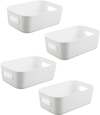 Boîtes de rangement blanches 4 pièces – Bac rangement plastique & panier de rangement, boîtes empilables pour cuisine, armoire et salle de bain (20 × 14 × 7 cm)