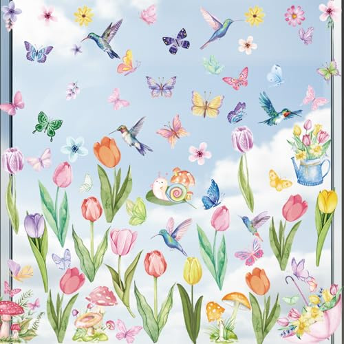 Spring Window Clings Flower Window Stickers with Butterfly and Hummingbird Double Sided Static Window Decals for Glass Spring Home Decor for Office School Living Room