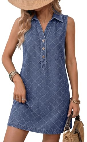 Dokotoo Denim Dress for Women Summer Sleeveless Mini Dress Womens 2026 Fashion Polo V Neck Button Loose Fit Spring Shift Jean Dresses Dark Blue XX-Large