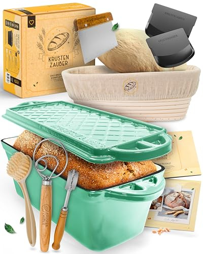 KRUSTENZAUBER Molde para pan con tapa esmaltada en juego completo XXL, robusto 28 cm, molde de hierro fundido, molde ideal para pan, incluye cesta de fermentación y diversos accesorios para hornear