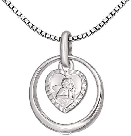 CLEVER SCHMUCK Set Silberner Taufring Ø 12 mm mit einem Zirkonia weiß innen Engel herzförmig + Kette Venezia 38 cm Sterling Silber 925 im Taufe Etui weiß