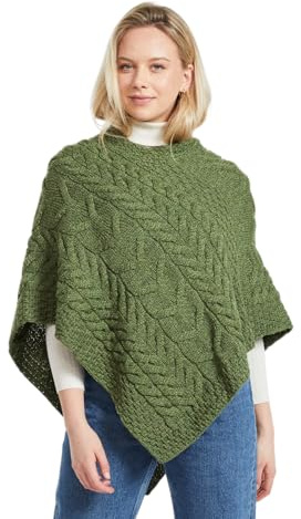 Poncho in Maglia Irlandese per Donna Cardigan Triangolare in Lana Merino Super Morbida Made in Ireland (Verde Prato)