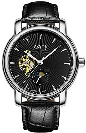 Orologi Da Polso,Orologio Completamente Automatico Orologio Hollow Tourbillon Sun Moon Star Impermeabile, Cassa D'Argento Quadrante Nero