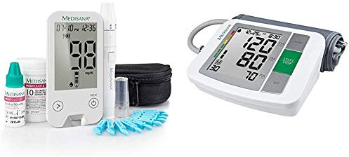 Medisana MediTouch 2 Blutzuckermessgerät mg/dL, Starterset mit Teststreifen und Blutlanzetten, Blutzuckermesssystem für Diabetiker + BU 510 Oberarm-Blutdruckmessgerät ohne Kabel, WHO-Ampel-Farbskala