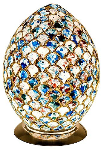 Britalia Blue Tile Mosaic Glass Vintage Egg Table Lamp 30cm | Chrome Base | 1 x ES E27 Bulb Required (Not Included) | Study - Bedroom - Lounge | Desk Light