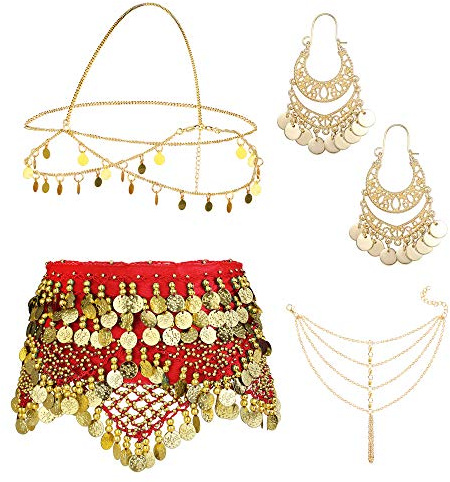 ORAZIO 4 Sets Women's Belly Dance Accessories, Hip Scarf Wrap Belt, Small Coins Hair Chain Tassel Anklet Bracelet