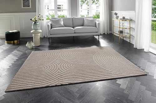 Elle Decoration Panglao moderner Hochflor Teppich - Wohnzimmerteppich Flauschig – Hoch-Tief Skandi Boho Style Wellen - für Wohnzimmer, Schlafzimmer, Küche, Flur - Creme Beige, 200x290cm
