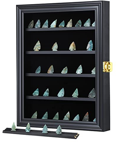 KCRasan Arrowhead Display Case Native American Arrowhead Shadow Box Wall Mount Arrowhead Collection Display Cabinet for Agate Opal Crystal Stone Arrowheads Spear Points Black Small