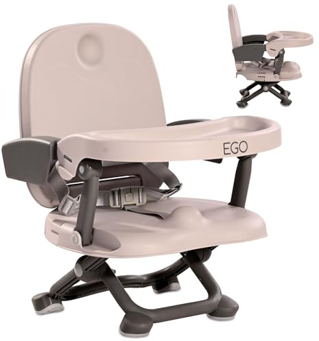 Lorelli Kindersitzerhöhung Ego, tragbare Sitzerhöhung für Babys, ultrakompakter Kinderstuhl, Hochstuhl nur 2 kg, abnehmbares Tablett, beige