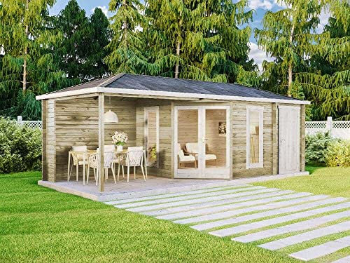 Alpholz 5-Eck Gartenhaus Liwa mit Anbau 728x317cm Natur 40mm Wandstärke
