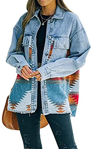 Damer Casual Aztec Button Down jeansjacka Oversized Distressed Shirt Shacket (Color : Orange, Size : L)