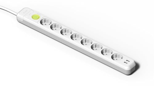 FAMATEL – Regleta de 8 enchufes + 2 Tomas USB + Interruptor | Cable de 1,5m | con TT | 16A | 250V | Blanco | Enchufe USB de Carga rápida | Protección contra Sobretensiones