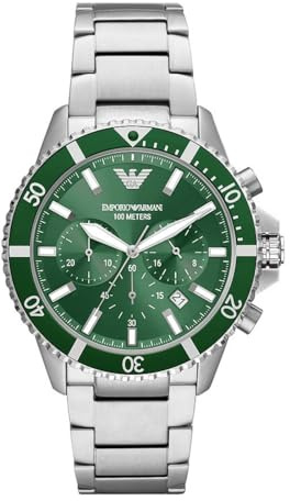 Emporio Armani Uhr für Männer, Quarz-Dreizeiger-Chronographenwerk und 43mm Gehäusegröße mit Edelstahlarmband