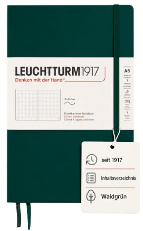 LEUCHTTURM1917 Notizbuch Medium A5 Softcover, Forest Green, dotted | 123 nummerierte Seiten, Inhaltsverzeichnis, 2 Lesezeichen, Falttasche, säurefrei
