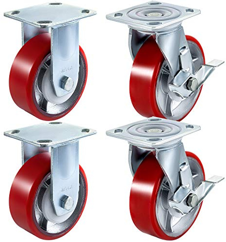 VEVOR Set di 4 ruote 15 cm 2 rigide e 2 girevoli con freni laterali, piastra in ferro, poliuretano, portata 450 kg per ruota per officine, garage, magazzini