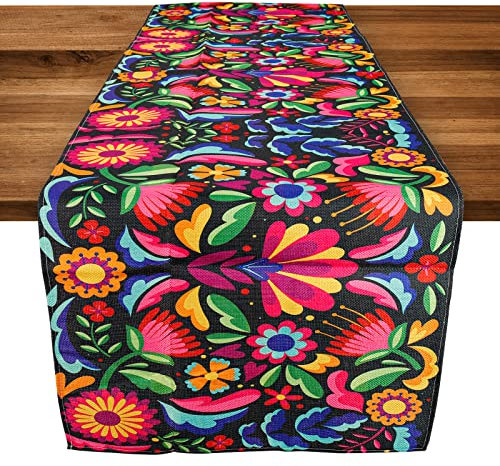 TAOPE Chemin de Table Fleurs Colorées Chemins de Table en Lin 40 x 140 cm, Chemin de Table Vintage aux Couleurs Mexicaines pour la Maison, la Cuisine, Le Dîner et Les Fêtes Décoration de Table