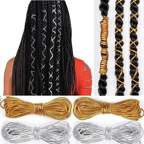 4 Pieces 5M Elastic Cords Braids Hair Dreadlock Braids Hair Accessories Metallic Tinsel Stretch Cord Ribbon Gold Silver String Jewelry Thread for Hair Braiding Ornament Hanging and Gift Wrapping
