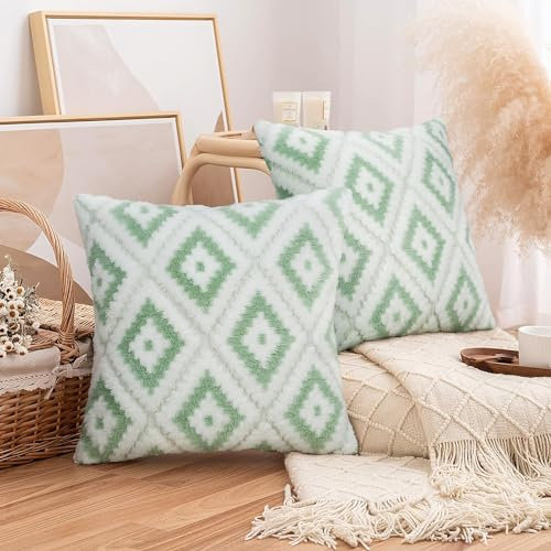 Merrycolor 2er Set Plüsch Kissenbezug 45x45cm Rechteckig Zierkissenbezug Flauschig Wolle Samt Kissenbezüge Boho Deko Kissen Sofakissen Dekokissen für Schlafzimmer Wohnzimmer Grün