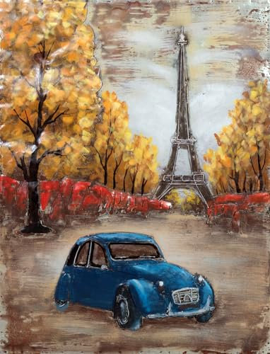 Vintage Line Handgefertigtes Metallbild 3D-Optik Wandbild Metallbild Paris blauer Citroën (ca. 80x60 cm)