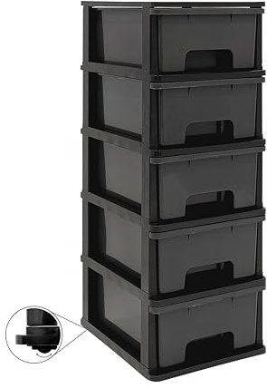 Abbaware Plastic Drawers Storage Unit, With Wheels, Storage Drawers, Tower, 5 x 17L Drawers, Black Frame/Modern Grey Draws
