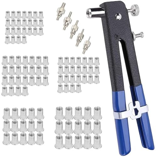 KEWAYO Nietmuttern-Set 110 Stück, 1 manuelle Nietpistole, 104 Stück Gewindeeinsätze Nietmuttern (M3-M8) 5 Stück Spindeln Nietmutter professionelles Werkzeug zum Nieten