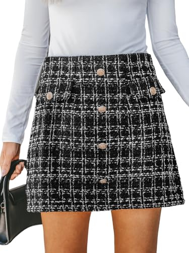 CUPSHE - Gonna da donna in tweed a vita alta, taglio A, con finta abbottonatura frontale, gonna mini intrecciata, Nero , S
